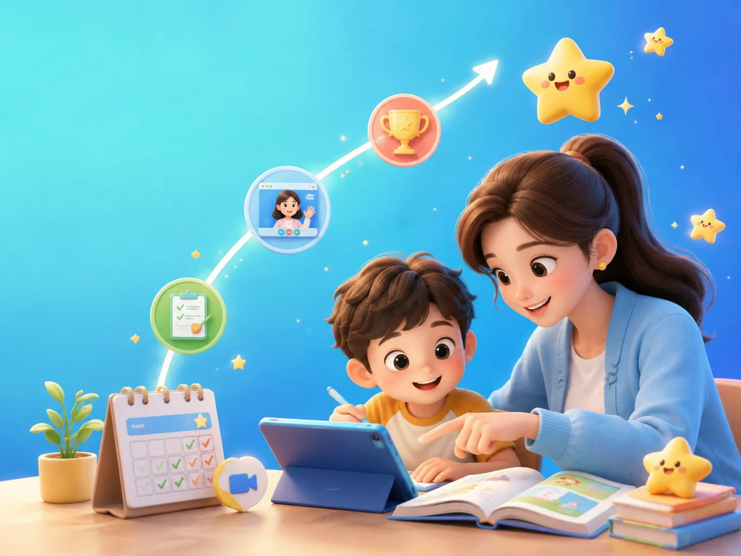 老师一对一指导孩子使用平板和绘本学习英语